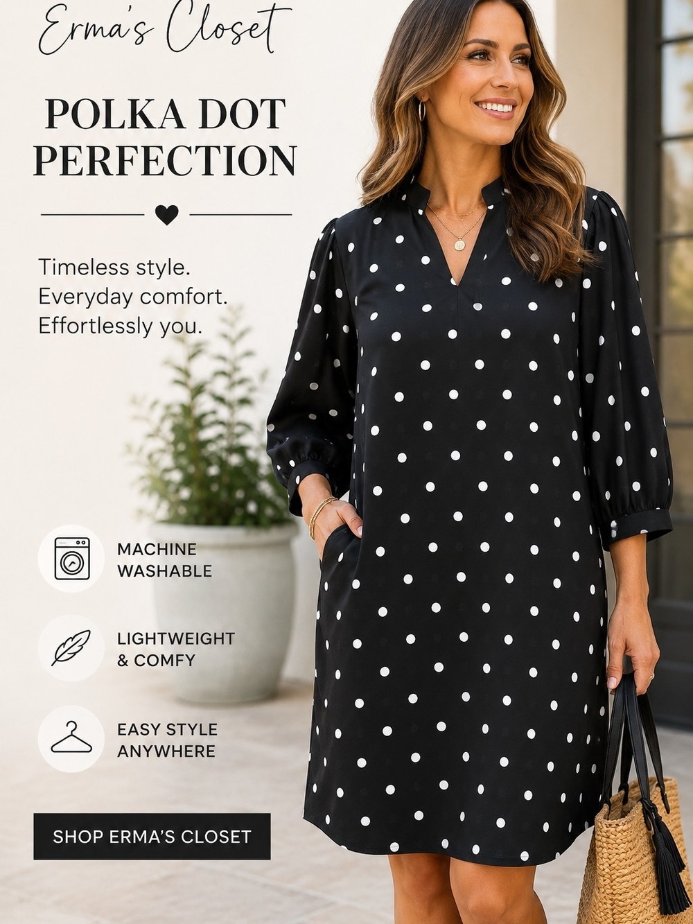 Black Polka Dot V-Neck Dress